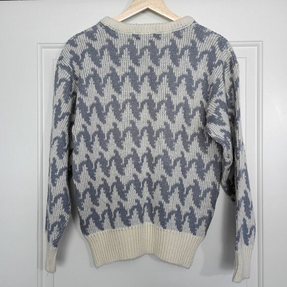 Vintage 1980s Union Bay Ocean Wave Print Sweater Women's S Ivory Slate Blue - Picture 2 of 9